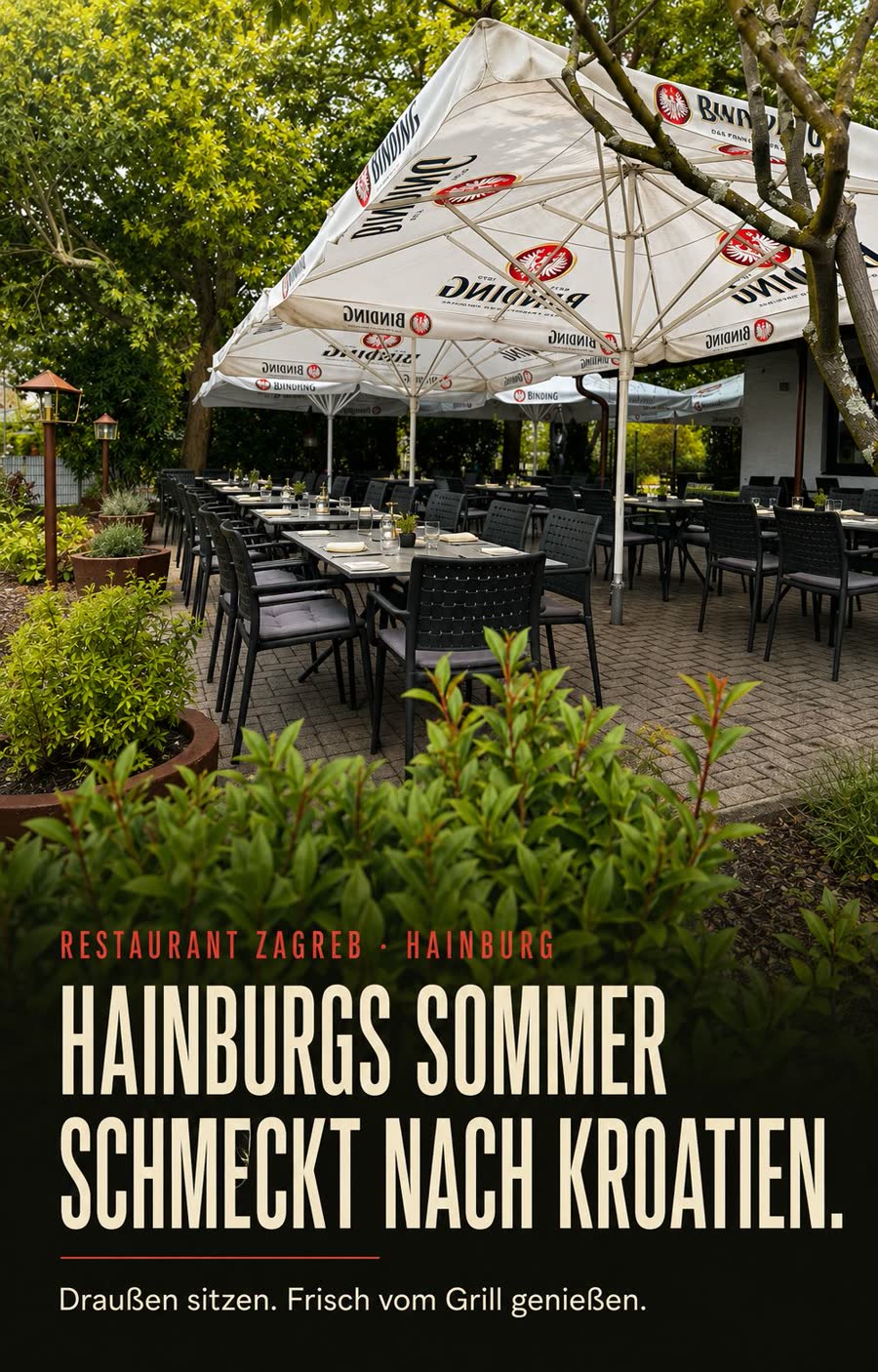 Grüner Biergarten mit gedeckten Tischen – Hainburgs Sommer schmeckt nach Kroatien