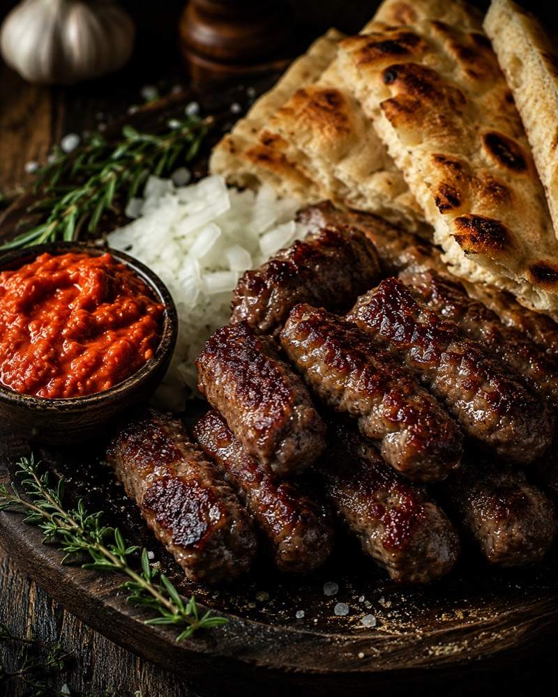 Ćevapčići mit Ajvar und Zwiebeln