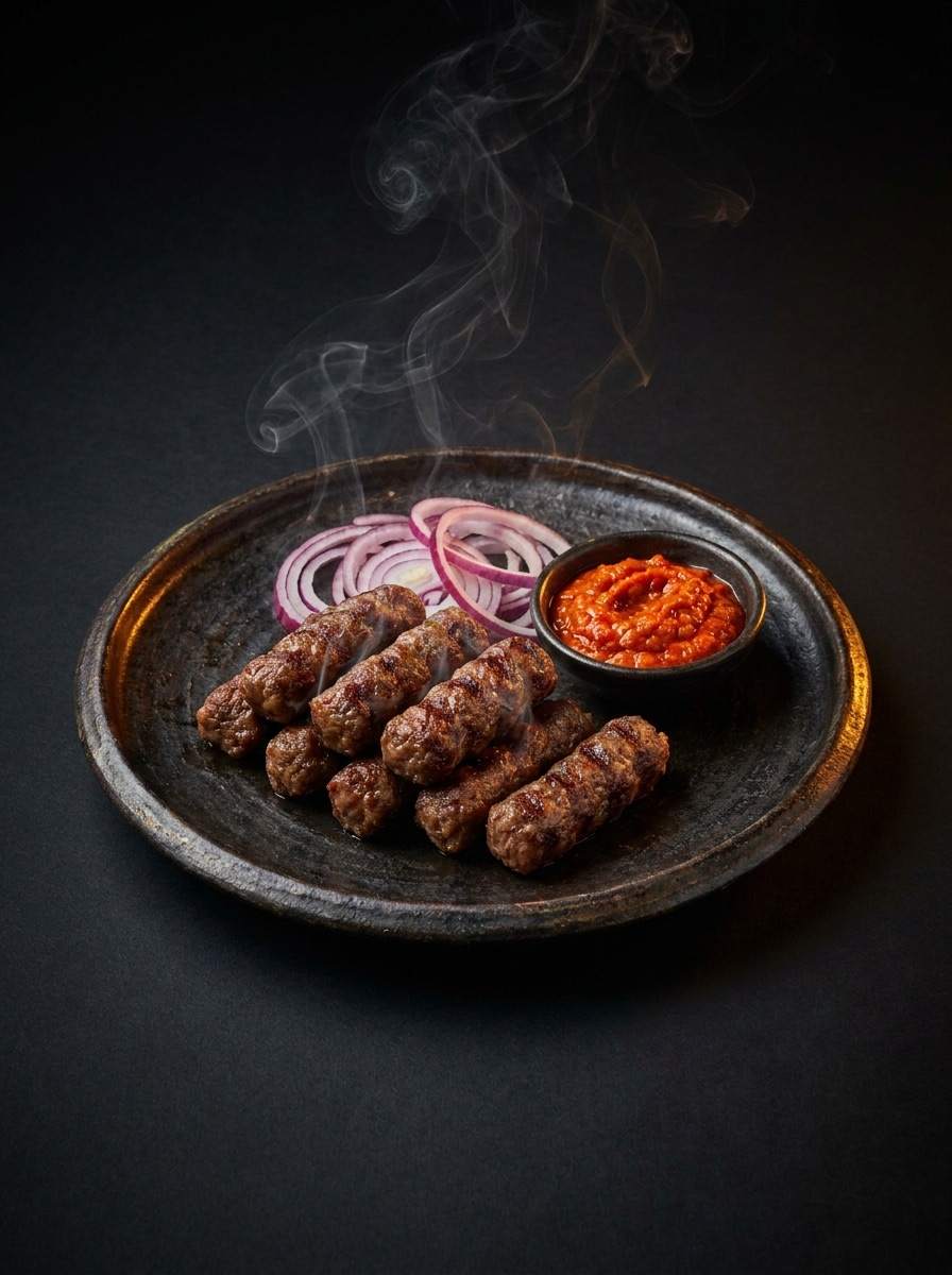 Ćevapčići mit Zwiebeln und Ajvar
