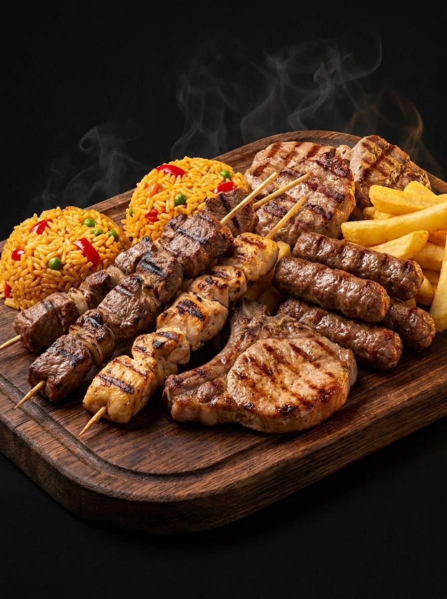 Gemischter Grillteller mit Spießen, Djuvec-Reis und Pommes